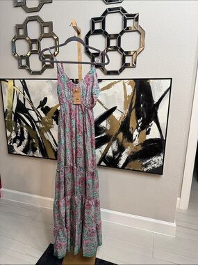 Rhea Costa Pink and Teal Paisley Maxi Dress